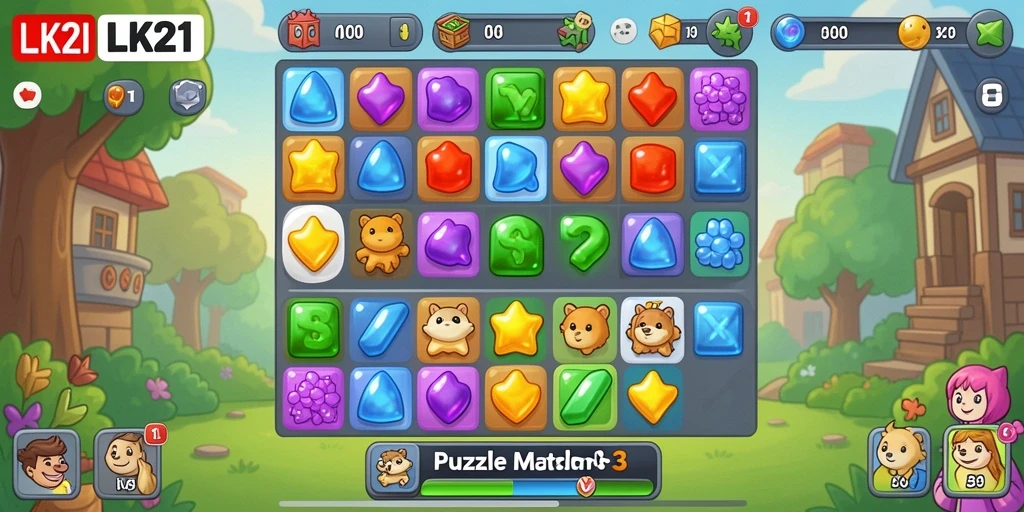 Screenshot LK21 menampilkan antarmuka permainan Puzzle Match-3 yang menyenangkan.