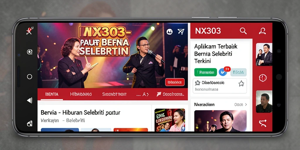 Antarmuka aplikasi NX303 menampilkan berita selebriti terkini dengan menarik.
